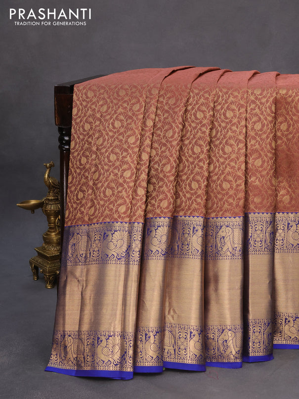 Roopam silk saree pastel brown and blue with allover zari weaves and long rich zari woven border