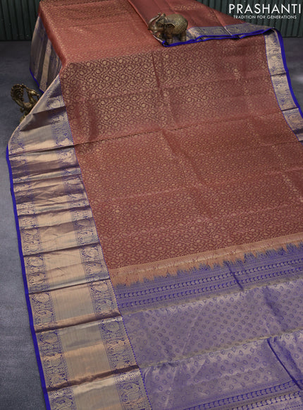 Roopam silk saree pastel brown and blue with allover zari weaves and long rich zari woven border