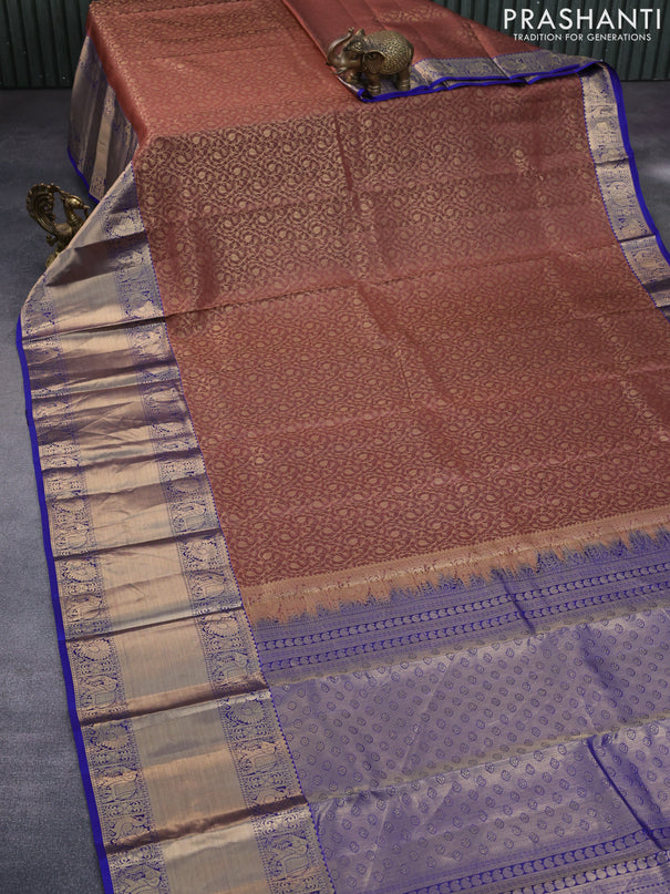 Roopam silk saree pastel brown and blue with allover zari weaves and long rich zari woven border