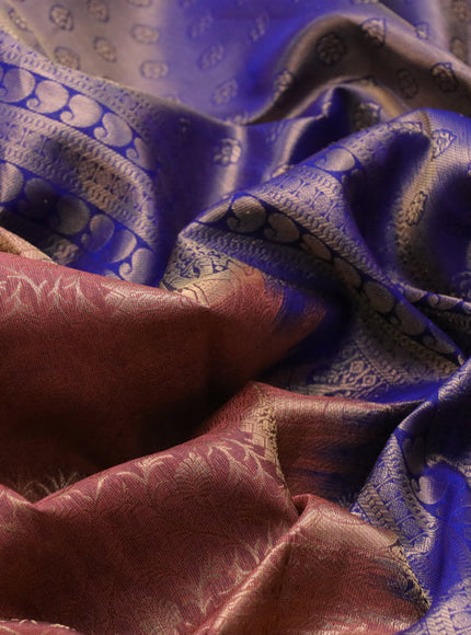 Roopam silk saree pastel brown and blue with allover zari weaves and long rich zari woven border