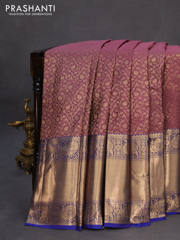 Roopam silk saree pastel mauve pink and blue with allover zari weaves and long rich zari woven border