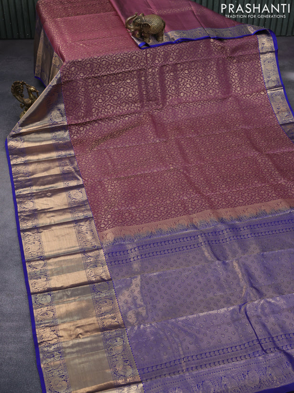 Roopam silk saree pastel mauve pink and blue with allover zari weaves and long rich zari woven border