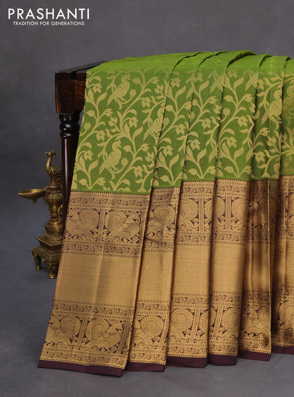 Roopam silk saree mehendi green and wine shade with allover zari weaves and long annam zari woven border