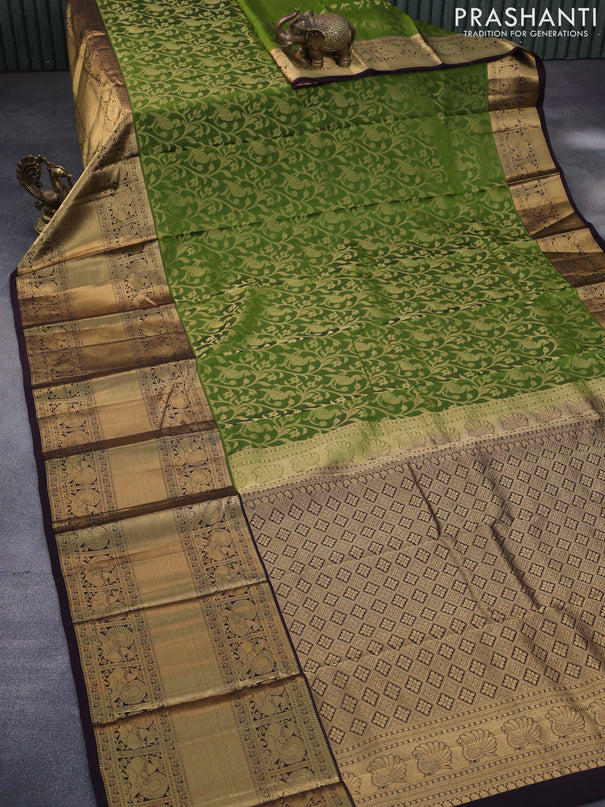 Roopam silk saree mehendi green and wine shade with allover zari weaves and long annam zari woven border