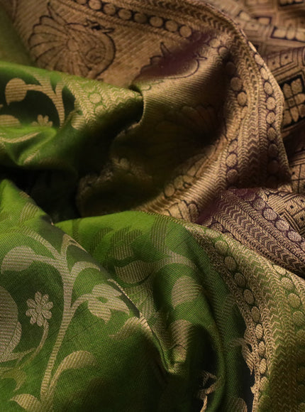 Roopam silk saree mehendi green and wine shade with allover zari weaves and long annam zari woven border