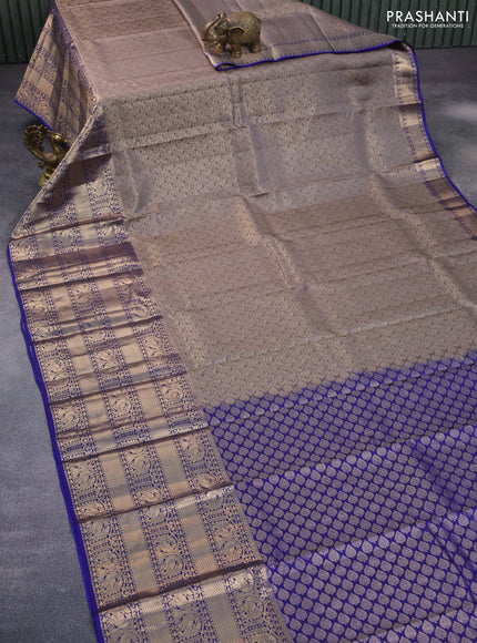 Roopam silk saree grey and blue with allover zari weaves and long annam zari woven border