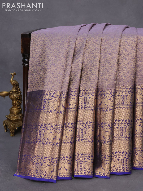 Roopam silk saree grey and blue with allover zari weaves and long annam zari woven border