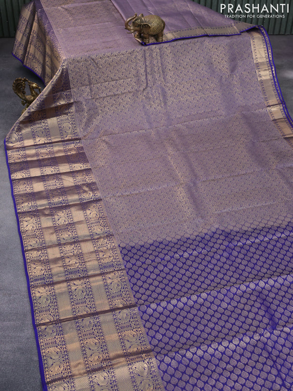 Roopam silk saree grey and blue with allover zari weaves and long annam zari woven border