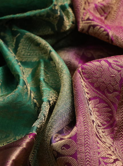 Roopam silk saree green shade and magenta pink with allover zari woven brocade weaves and long rich zari woven border