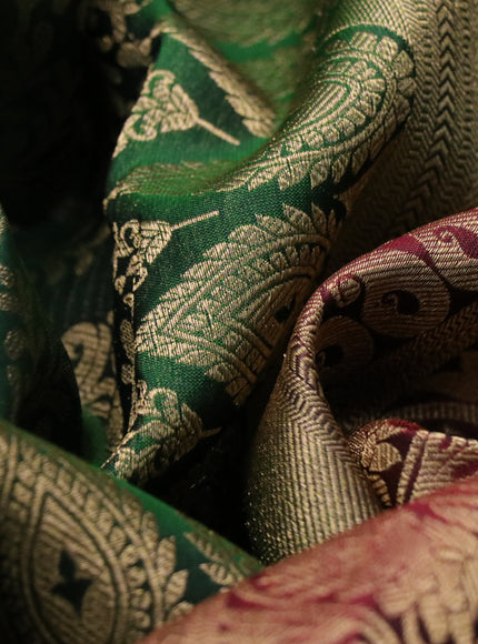 Roopam silk saree green and maroon with allover zari weaves and long rich zari woven border