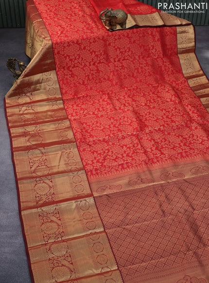 Roopam silk saree red and maroon with allover zari weaves and long rich zari woven border