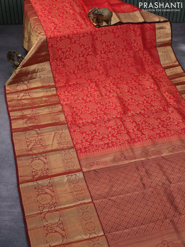 Roopam silk saree red and maroon with allover zari weaves and long rich zari woven border