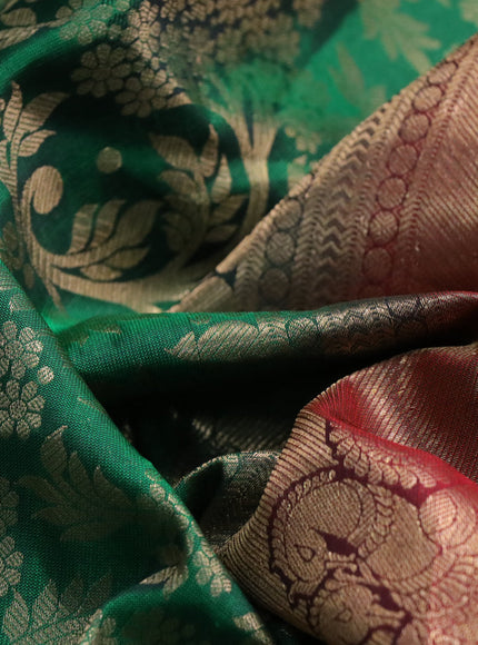 Roopam silk saree green and maroon with allover zari weaves and long rich zari woven border