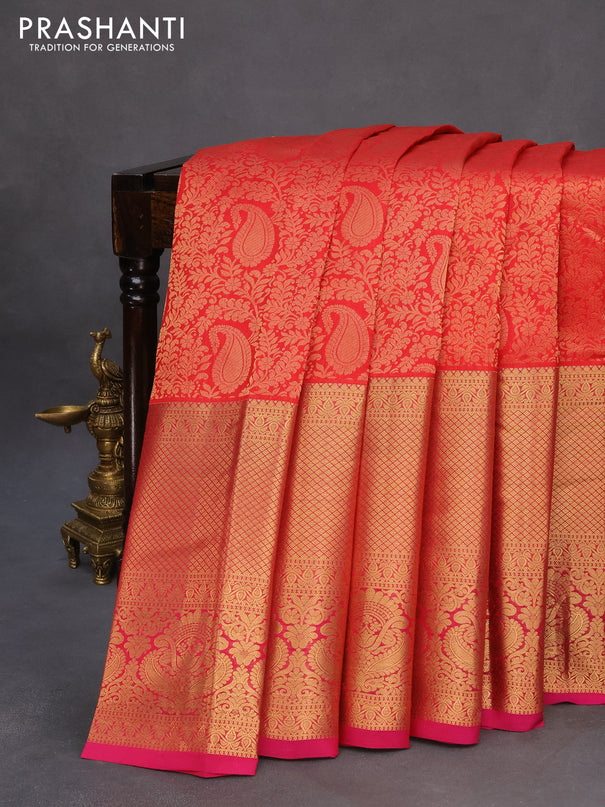 Roopam silk saree red and pink with allover zari woven brocade weaves and long rich zari woven border