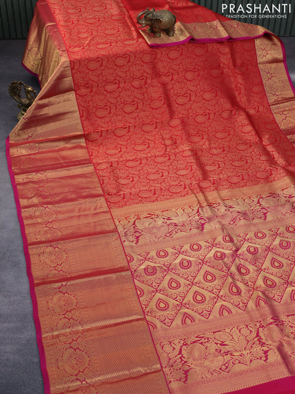 Roopam silk saree red and pink with allover zari woven brocade weaves and long rich zari woven border