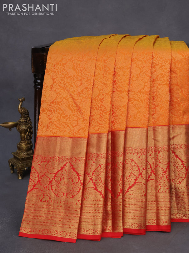 Roopam silk saree dual shade of mustard yellowish red and red with allover zari woven brocade weaves and long rich zari woven border