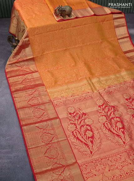 Roopam silk saree dual shade of mustard yellowish red and red with allover zari woven brocade weaves and long rich zari woven border