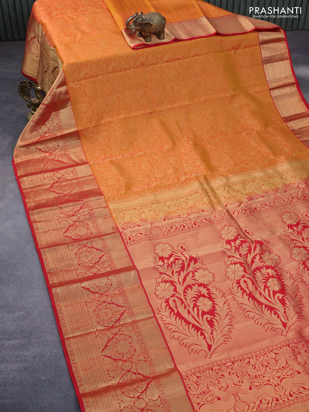 Roopam silk saree dual shade of mustard yellowish red and red with allover zari woven brocade weaves and long rich zari woven border