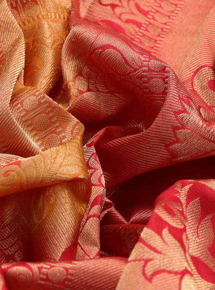 Roopam silk saree dual shade of mustard yellowish red and red with allover zari woven brocade weaves and long rich zari woven border