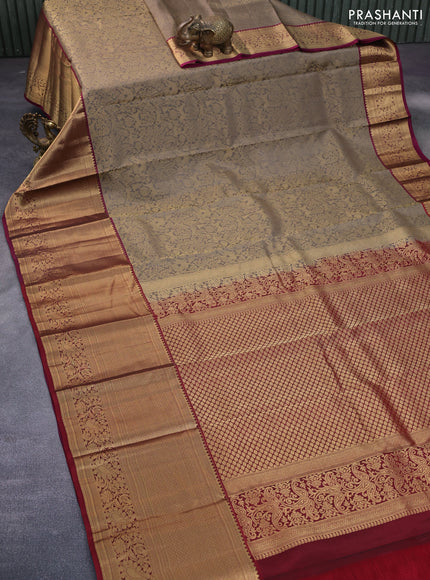 Roopam silk saree grey shade and dark magenta pink with allover zari woven brocade weaves and long rich zari woven border