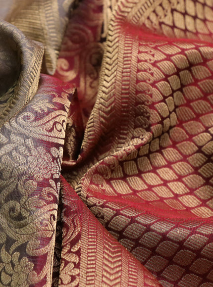 Roopam silk saree grey shade and dark magenta pink with allover zari woven brocade weaves and long rich zari woven border