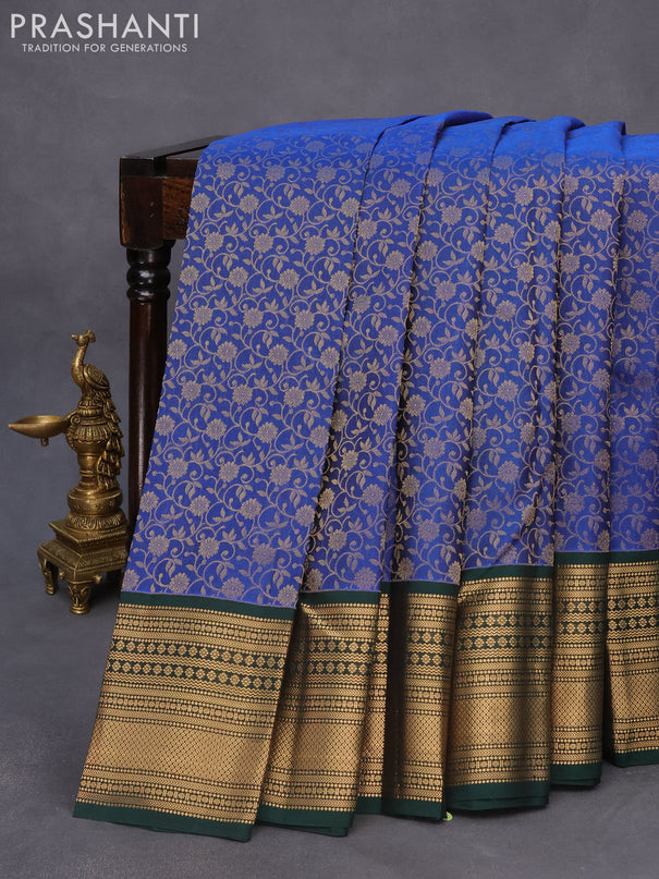 Roopam silk saree blue and dark green with allover zari weaves and rich zari woven border