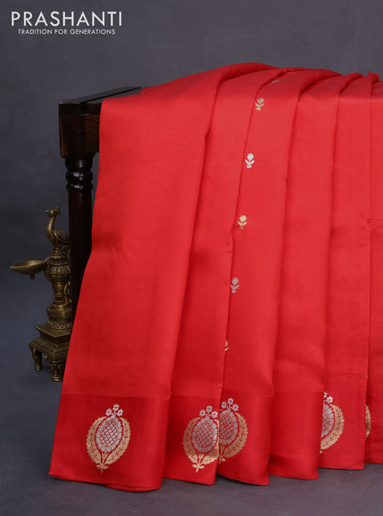 Banarasi poona silk saree red with silver & gold zari woven buttas and zari woven butta border