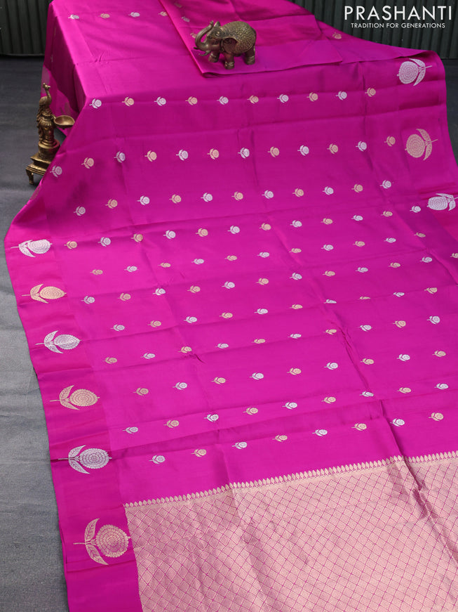 Banarasi poona silk saree magenta pink with silver & gold zari woven floral buttas and zari woven butta border