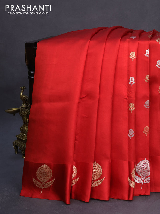 Banarasi poona silk saree red with silver & gold zari woven floral buttas and zari woven butta border