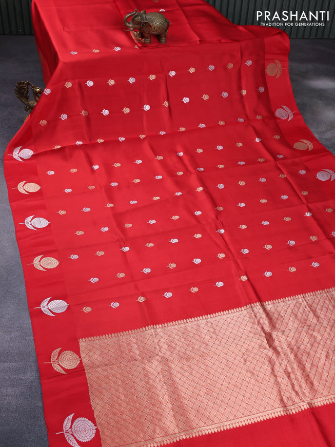 Banarasi poona silk saree red with silver & gold zari woven floral buttas and zari woven butta border