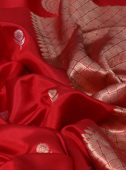 Banarasi poona silk saree red with silver & gold zari woven floral buttas and zari woven butta border