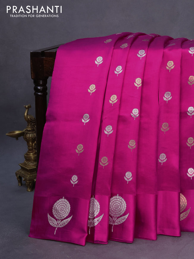 Banarasi poona silk saree pink with silver & gold zari woven floral buttas and zari woven butta border