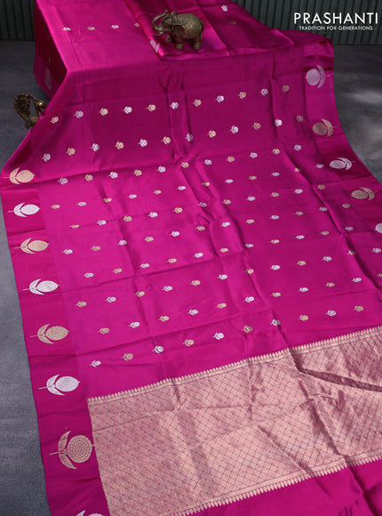 Banarasi poona silk saree pink with silver & gold zari woven floral buttas and zari woven butta border