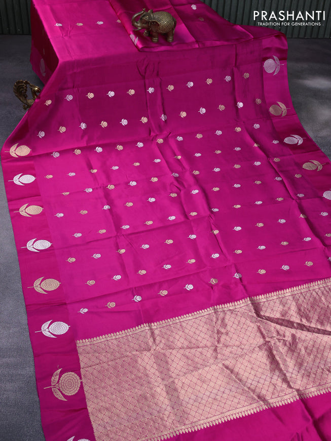 Banarasi poona silk saree pink with silver & gold zari woven floral buttas and zari woven butta border