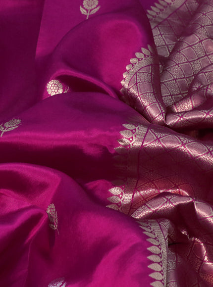 Banarasi poona silk saree pink with silver & gold zari woven floral buttas and zari woven butta border