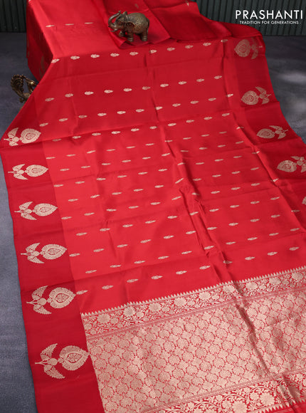 Banarasi poona silk saree red with allover zari woven buttas and zari woven butta border