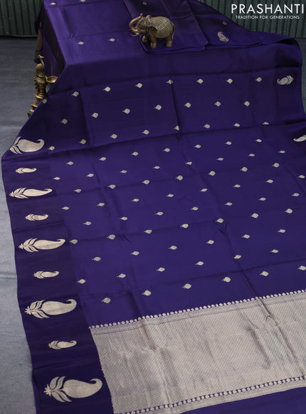 Banarasi poona silk saree navy blue with allover zari woven buttas and paisley zari woven butta border