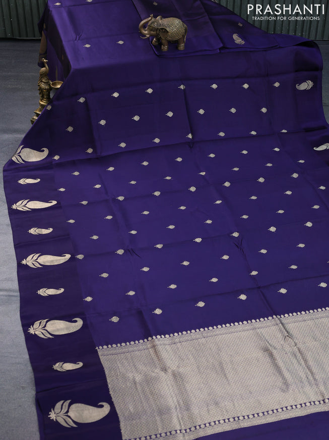 Banarasi poona silk saree navy blue with allover zari woven buttas and paisley zari woven butta border