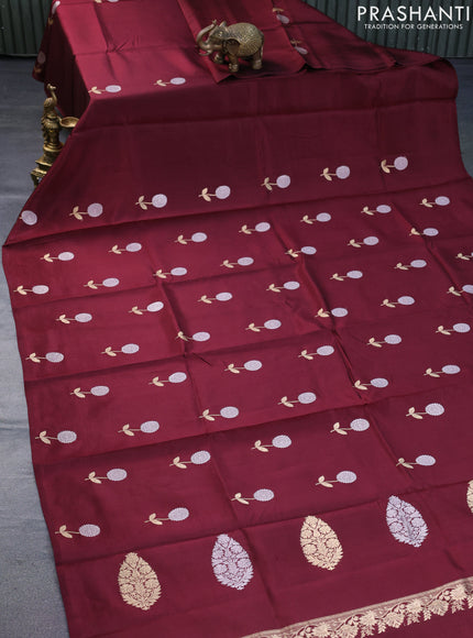 Banarasi poona silk saree deep maroon with silver & gold zari woven buttas in borderless style