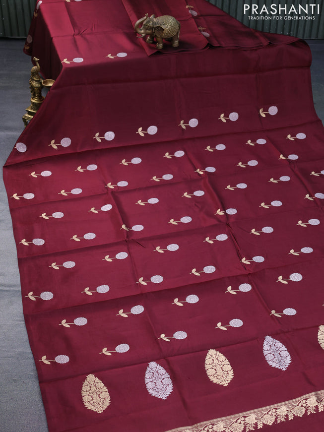 Banarasi poona silk saree deep maroon with silver & gold zari woven buttas in borderless style