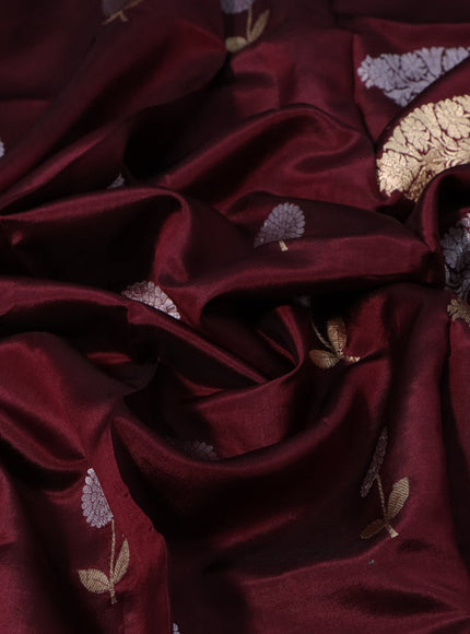 Banarasi poona silk saree deep maroon with silver & gold zari woven buttas in borderless style