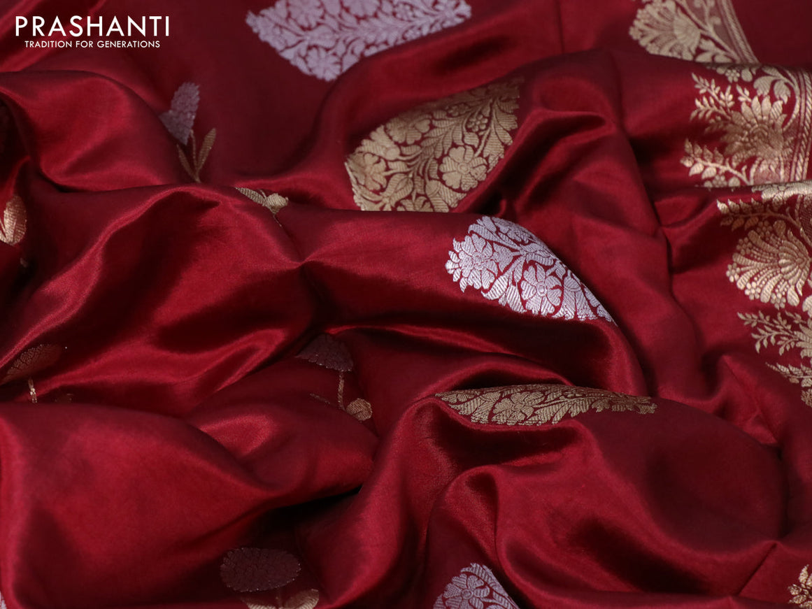 Banarasi poona silk saree maroon with silver & gold zari woven buttas in borderless style