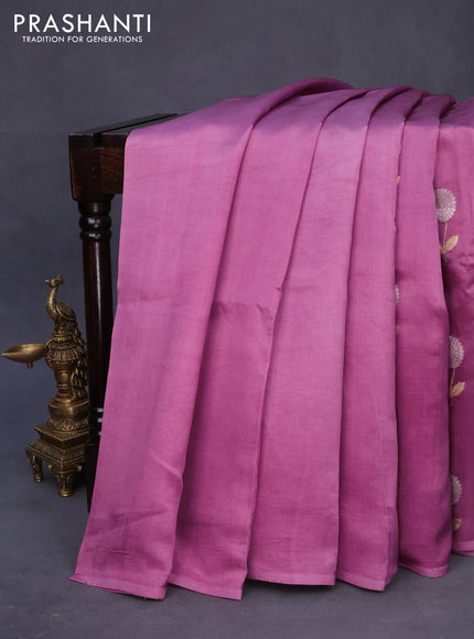 Banarasi poona silk saree pastel purple with silver & gold zari woven buttas in borderless style