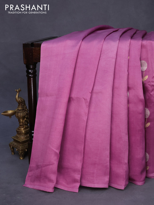 Banarasi poona silk saree pastel purple with silver & gold zari woven buttas in borderless style