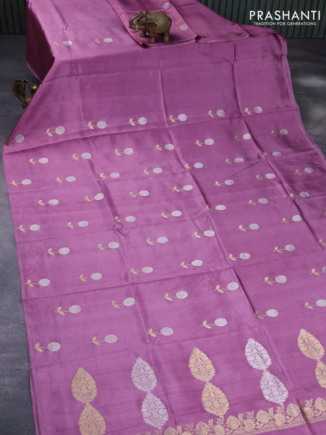 Banarasi poona silk saree pastel purple with silver & gold zari woven buttas in borderless style