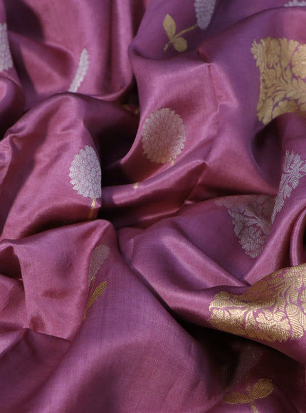 Banarasi poona silk saree pastel purple with silver & gold zari woven buttas in borderless style