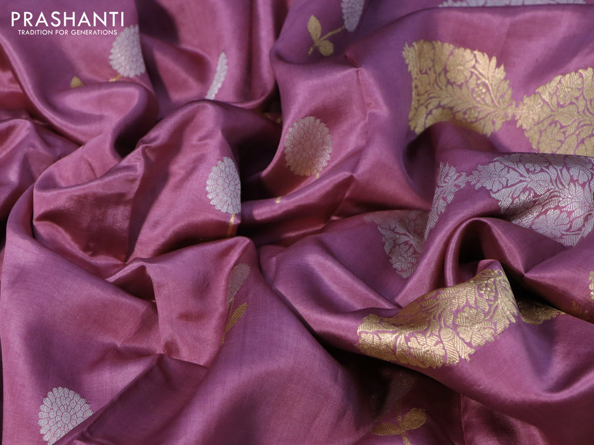 Banarasi poona silk saree pastel purple with silver & gold zari woven buttas in borderless style