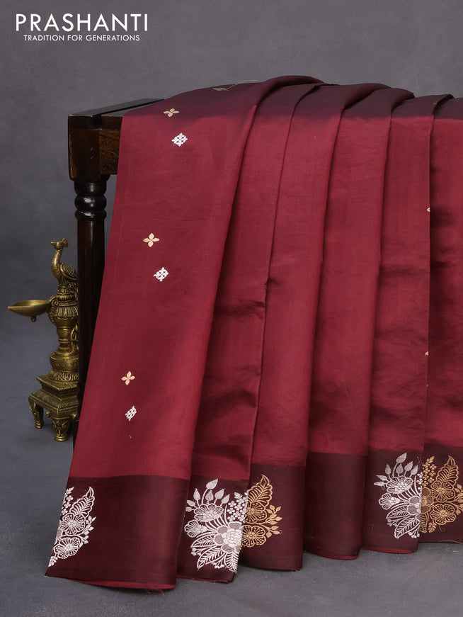 Banarasi poona silk saree deep maroon with silver & gold zari woven buttas and silver & gold zari woven butta border