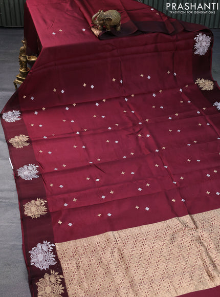 Banarasi poona silk saree deep maroon with silver & gold zari woven buttas and silver & gold zari woven butta border