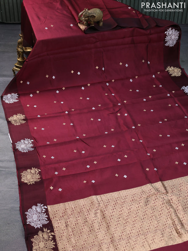 Banarasi poona silk saree deep maroon with silver & gold zari woven buttas and silver & gold zari woven butta border